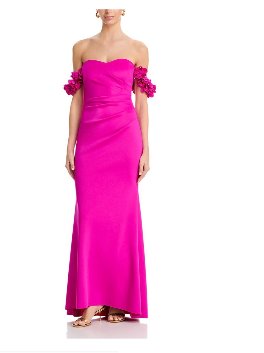 Eliza J Strapless Fuchsia Gown with Floral Off-Shoulder Accents